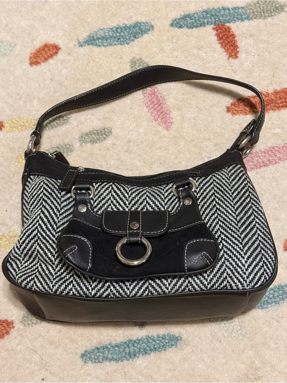 Tommy Hilfiger Black & White Herringbone Shoulder Bag with Silver Ring